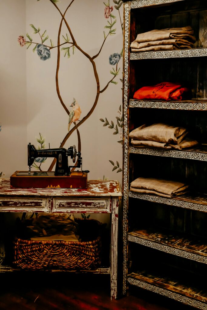 pexels photo 19938755 19938755 Cozy vintage sewing room featuring an antique sewing machine and wooden shelves with cloths.